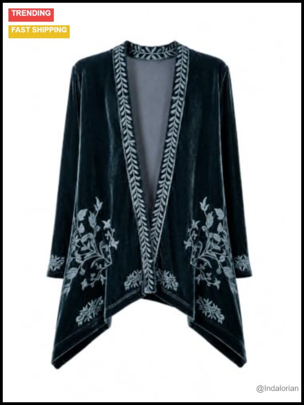 Embroidered Velvet Kimono Cardigan Boho Open Front Duster Jacket